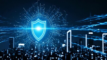Glowing cybersecurity shield icon over a digital network. Data protection and internet safety concept with a futuristic city background - Powered by Adobe
