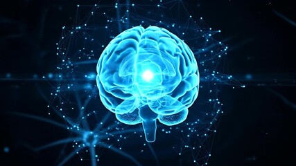 Digital animation of a glowing brain rotating within a neural network. Artificial intelligence and technology concept. Scientific and medical visualization - Powered by Adobe