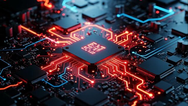 A futuristic CPU processor on a circuit board. Glowing red and blue lights show data processing and information flow. Artificial intelligence and high-tech computer hardware concept