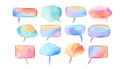 Set of colorful watercolor speech bubbles on white background. Hand-painted watercolor chat bubbles collection