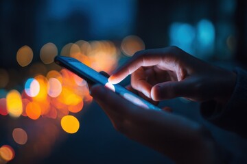 Point finger on screen phone closeup, person testing test message, touch blue screen on smartphone. Night Bokeh Light. Close-UP. Person using in hands mobile phone close up in the dark. Online wi-fi