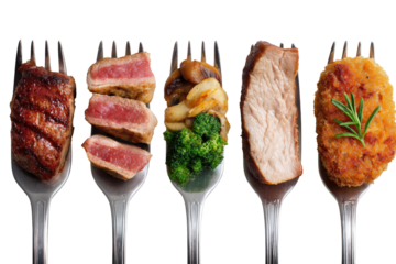 Grilled meats and vegetables on forks. Five forks, each holding a different food item.  Grilled steak, sliced beef, sauteed mushrooms and broccoli, grilled pork, and breaded chicken cutlet.  