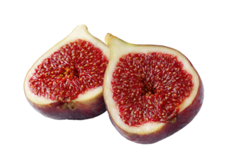 Two halves of a fresh fig.  Close-up view of the juicy, reddish-pink flesh and the pale yellow interior.  Small, dark seeds are visible throughout.  Isolated against a black background