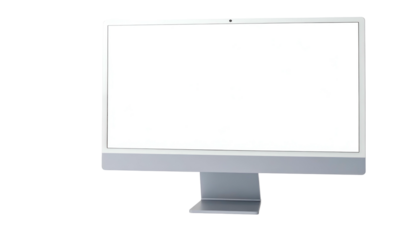 A silver computer monitor with a bright white screen on a black background, slightly angled