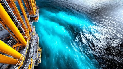 Oil rig platform structure with yellow pipes on the open sea, drilling for energy resources and showing impact on the ocean environment