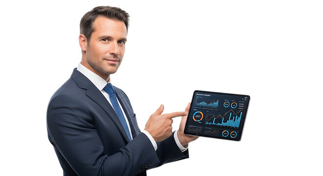 Businessman pointing at a tablet with financial charts isolated on transparent background - Powered by Adobe