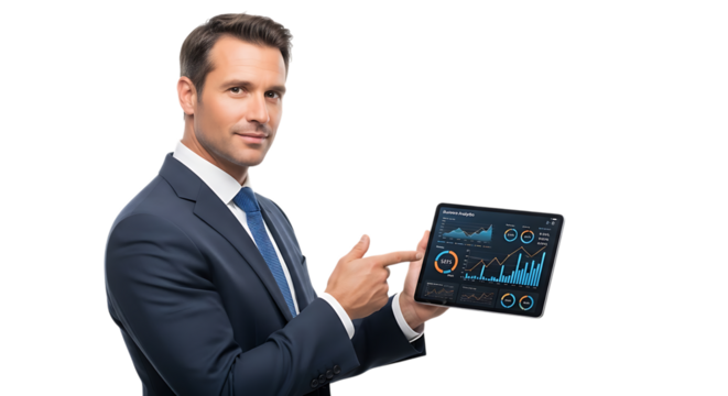 Businessman pointing at a tablet with financial charts isolated on transparent background