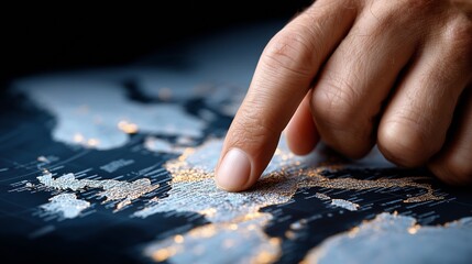 Hand pointing on a digital map of Europe, planning global strategy and business expansion, analyzing economic data and travel destinations