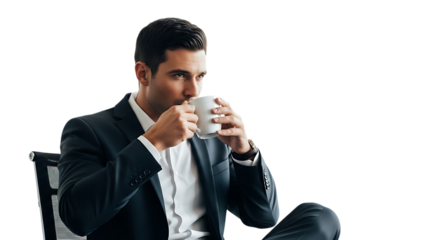 Man in suit drinking coffee isolated on transparent background