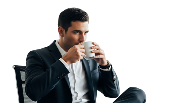 Man in suit drinking coffee isolated on transparent background