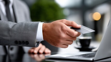 Businessman holding a credit card while making a secure online payment on a modern laptop, depicting e commerce, digital banking, and remote business transaction workflow