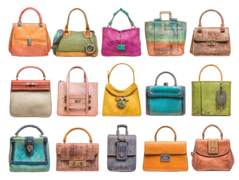 Assorted leather handbags in various colors and textures (1)