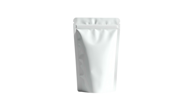 White, shiny, blank, stand-up pouch isolated on black background. Focus on product presentation