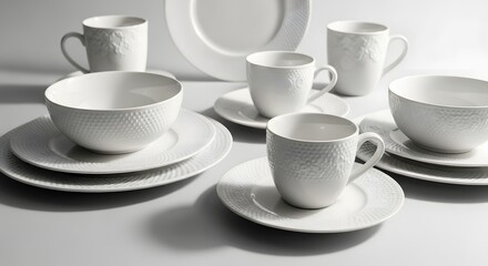 Elegant white dishware set gracefully arranged, ready for a delightful dining experience. 