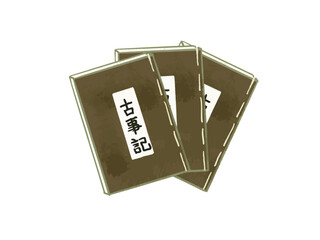 An illustration of three copies of the Japanese book Kojiki arranged in a fan shape