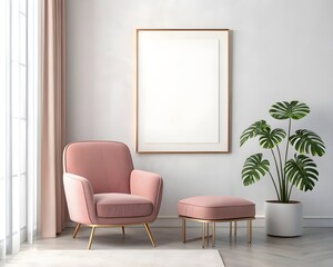 Elegant pink armchair with ottoman and monstera plant in minimalist room