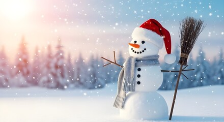 Smiling Snowman with Christmas Hat in Winter Wonderland”