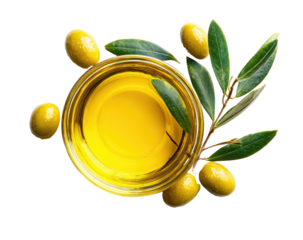 Top-down view of olive oil in a bowl, surrounded by olives and leaves