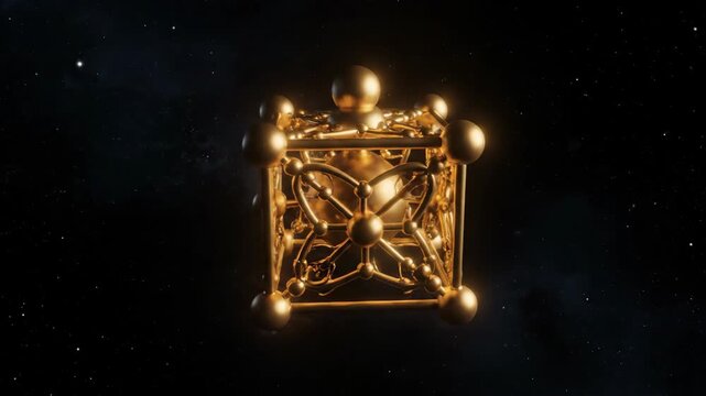 Golden abstract geometric shape and metallic cube with glowing spheres floating dark space, creating futuristic mysterious sphere and space atmosphere