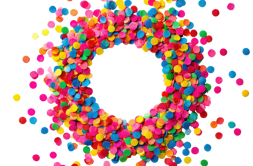 Colorful confetti forms a circular frame around a black void