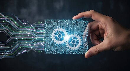 Hand holding glowing circuit board with interlocking gears for innovation concept