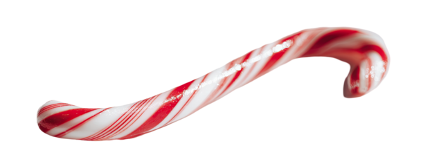 A red and white candy cane, curved and striped