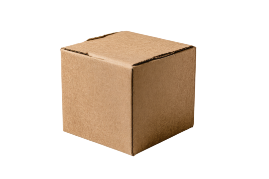 A square, light brown cardboard box.  Closed, simple, and unadorned.  Isolated on a black background