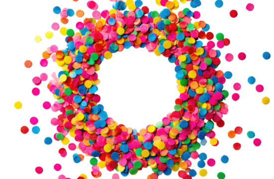 Colorful confetti forms a circular frame around a black void