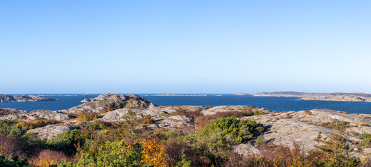 Panoramic view of rocky islands and open sea on Sweden west coast into Skagerak and Atlantic ocean