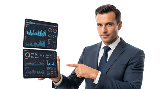Businessman pointing at financial data on tablet isolated on transparent background