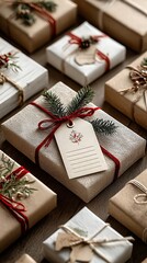 Christmas gifts collection displaying rustic craft paper wrapping and decorative elements, including pine needles, red ribbons, and blank tags for festive holiday season celebrations