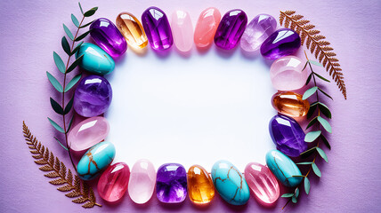 Obraz premium Colorful crystal gemstones and leaves frame on pastel background