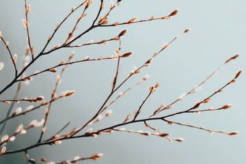 Delicate bare branches with small buds emerge against a soft blue background.