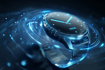 Sleek modern smartwatch with glowing blue digital interface, symbolizing innovation and future technology