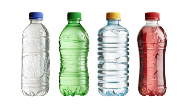 Four plastic water bottles of various colors