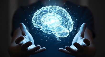 Futuristic Digital Brain in Hands with Glowing Neural Network Effect