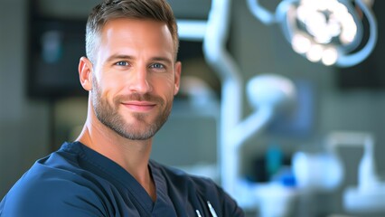 Confident medical professional standing with crossed arms near medical devices, representing healthcare expertise in clinical setting