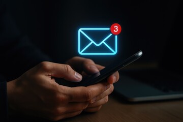 Person holding smartphone with glowing envelope notification and unread message count