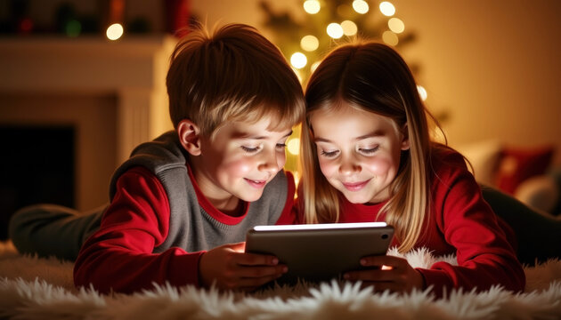 Joyful kids watching holiday videos on tablet during christmas celebration