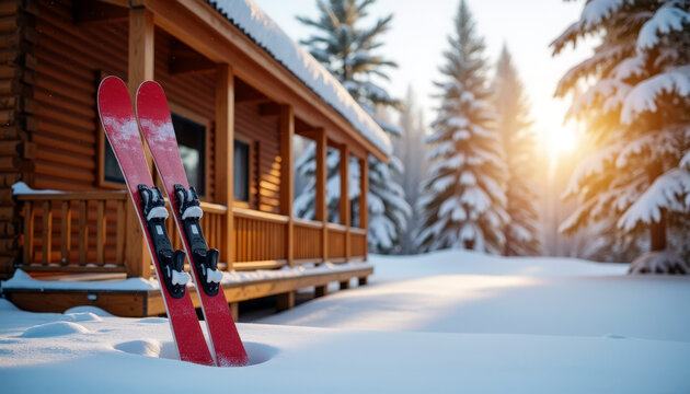 Winter ski retreat with vibrant red skis and snow-covered cabin for holiday adventure in picturesque mountain resort