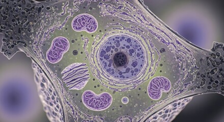 A human cell with organelles and nucleus, viewed under a microscope.