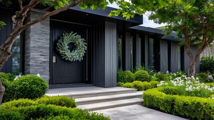 Modern house exterior showcasing a sleek black front door with a eucalyptus wreath. Featuring contemporary architecture. Stone cladding