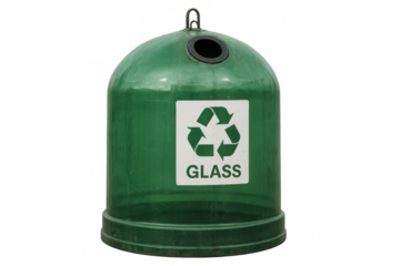 Green glass recycling bin with recycle symbol, promoting environmental care and waste sorting