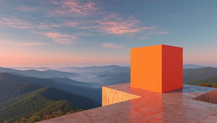 Geometric orange cube rests on a concrete platform overlooking misty mountains at sunrise.