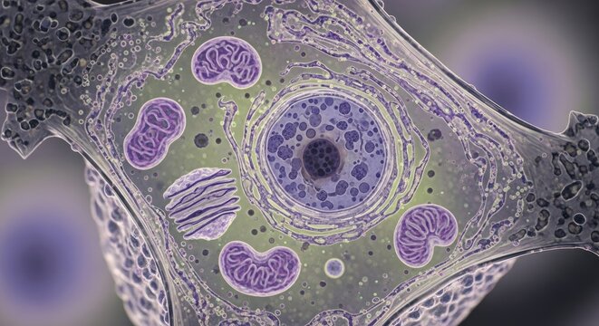 A human cell with organelles and nucleus, viewed under a microscope.