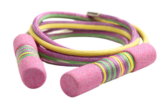 Colorful jump rope with pink handles.  Multi-colored, braided rope with vibrant pink, yellow, and purple sections.  Durable, cushioned pink handles.  Playful design