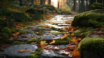 Cobblestone path in autumn forest with moss and fallen leaves. Seasonal nature landscape with natural light. Outdoor scene for hiking and park brochure.