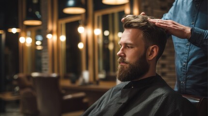 Caucasian man with neatly styled beard receiving haircut from barber. Male client sitting at barbershop. Grooming and beauty salon for man.