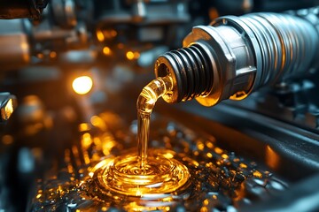 Close up of golden liquid being poured from a silver container onto a metallic surface with bokeh lights