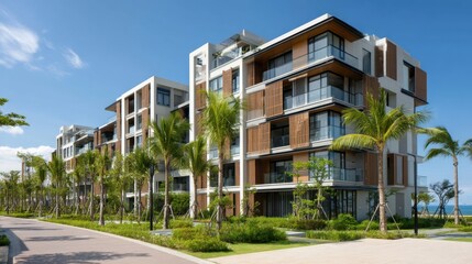 Modern apartment building with palm trees on a sunny day. Residential architecture with tropical landscape for real estate and vacation.